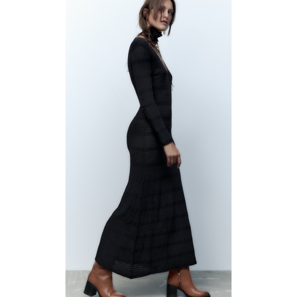 ZARA // ltd ed black pointelle knit plunge long sleeve a-line maxi dress - Picture 9 of 16